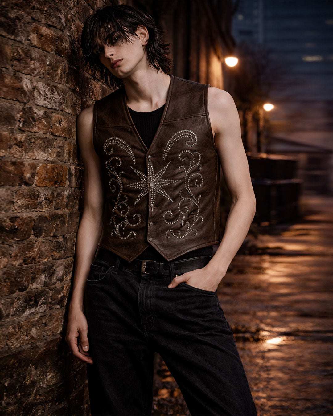 Brown Star Studded Leather Vest with gothic western design by TRIPPPRS