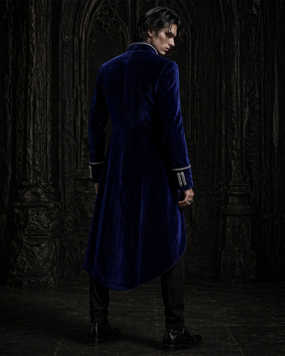 men gothic velvet coat deep blue long formal outerwear
