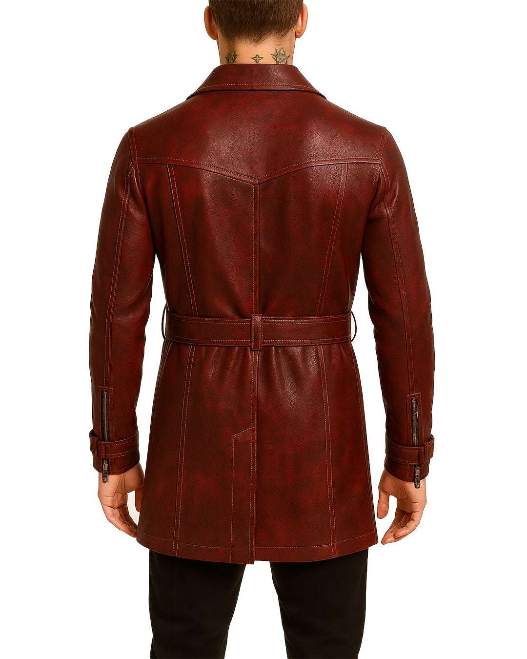 Back view of a man wearing a maroon leather trench coat with a belted waist and detailed stitching