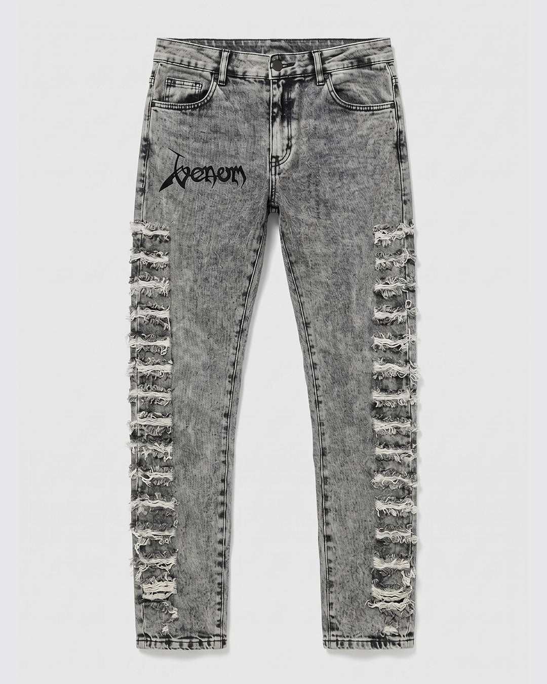 Distressed grey skinny jeans for men with ripped side panels, detail view