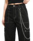 Women's Punk Chain Cargo Pants – Black Wide Leg Streetwear Trousers