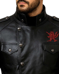 Men’s black faux leather jacket with red dragon embroidery and metal button details