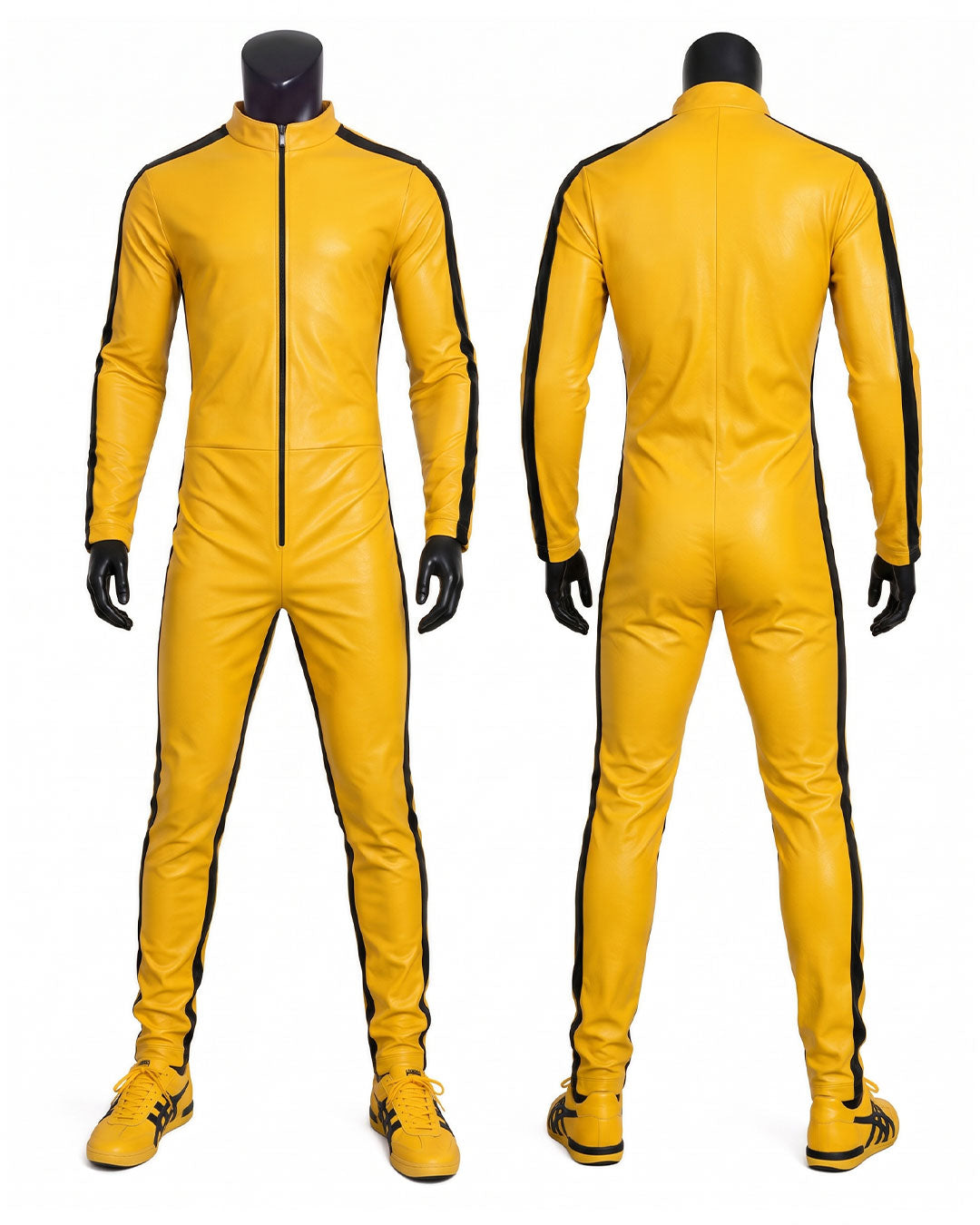 A bright yellow full-body latex or leather-like jumpsuit shown from the front and back on black mannequins, with black side stripes and black gloves, against a plain white background.