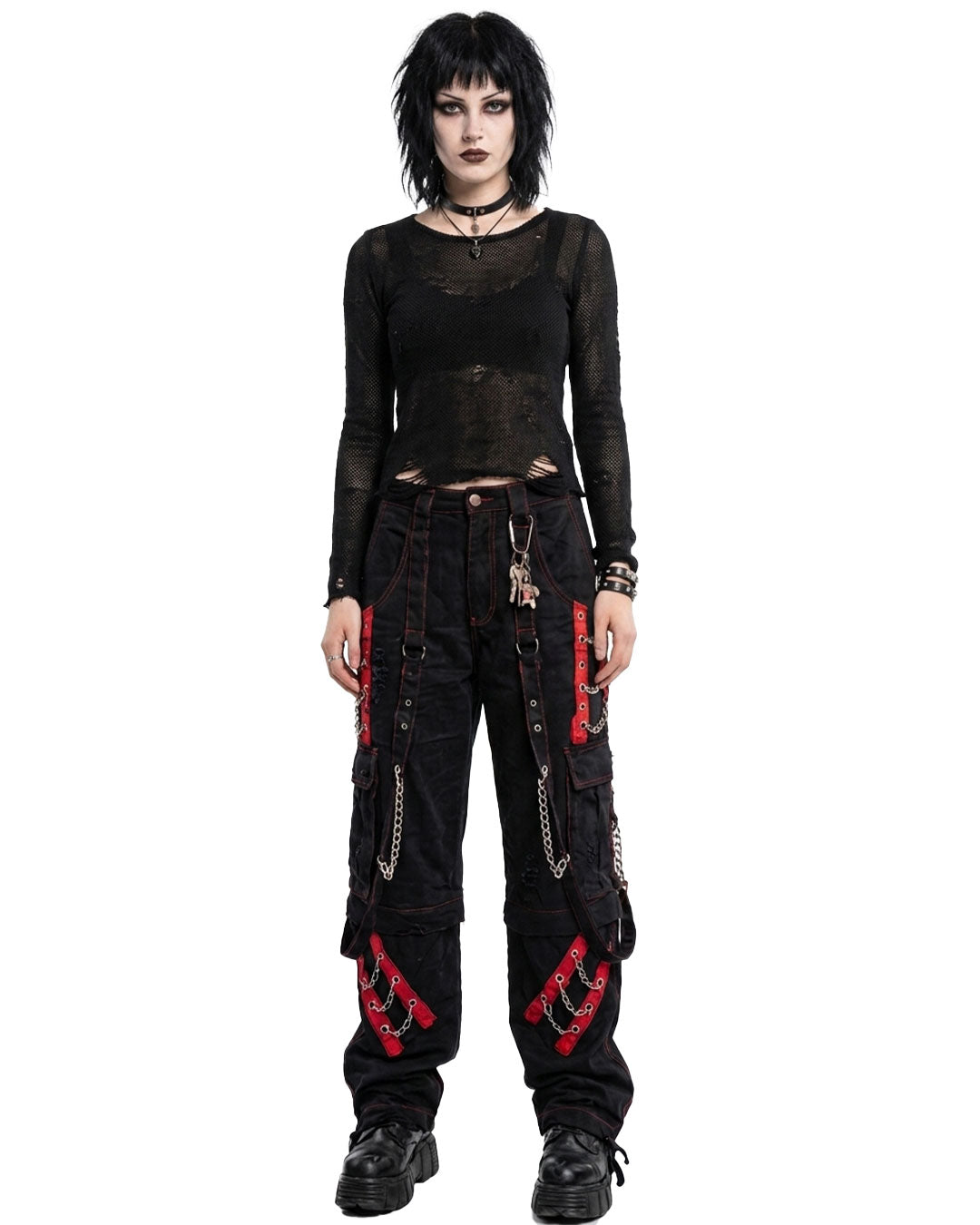 Women's Gothic Punk Cargo Pants Black Red Chain Strap