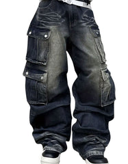 Men's Vintage Washed Distressed Cargo Jeans | Trippprs Streetwear Utility Pants