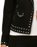 Black studded suede leather biker jacket with metal studs and asymmetrical zipper detail