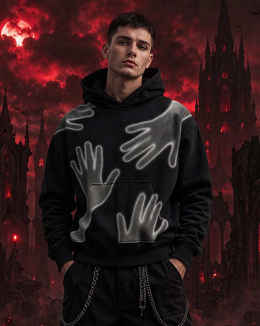 Black Glow Hands graphic hoodie with luminous white hand silhouettes, unisex streetwear design