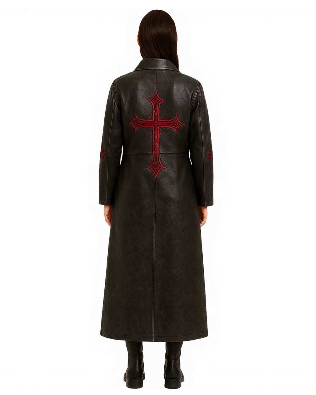 Black Gothic Cross Leather Trench Coat