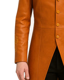 Men's orange leather long jacket tailcoat with gold embroidery and front split-tail design