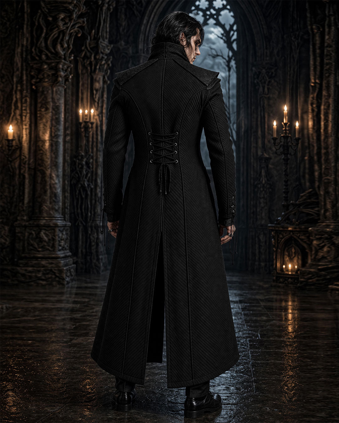 mens gothic coat back view long black trench