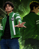 A man wearing a green bomber jacket with white stripes and a black shirt, posed in front of a stylized green digital background featuring an illustrated character in a matching jacket.