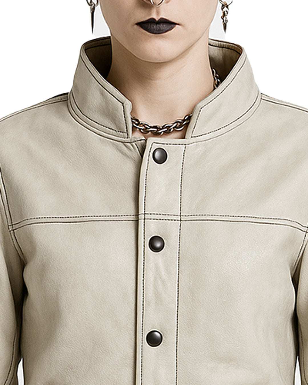 Close-up of Gothic Cream Leather Jacket with high-neck snap collar and button-front closure