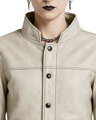 Close-up of Gothic Cream Leather Jacket with high-neck snap collar and button-front closure