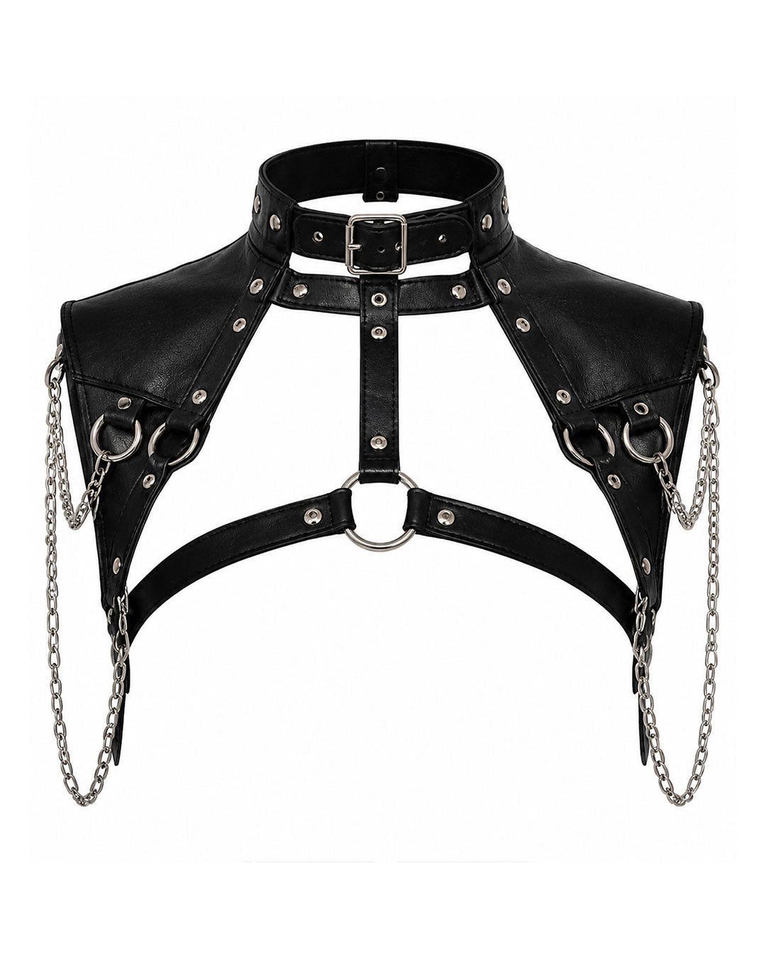 Women wearing a black gothic leather shoulder harness with buckle collar, studded straps, O-rings and silver chains, front view