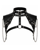 Women wearing a black gothic leather shoulder harness with buckle collar, studded straps, O-rings and silver chains, front view