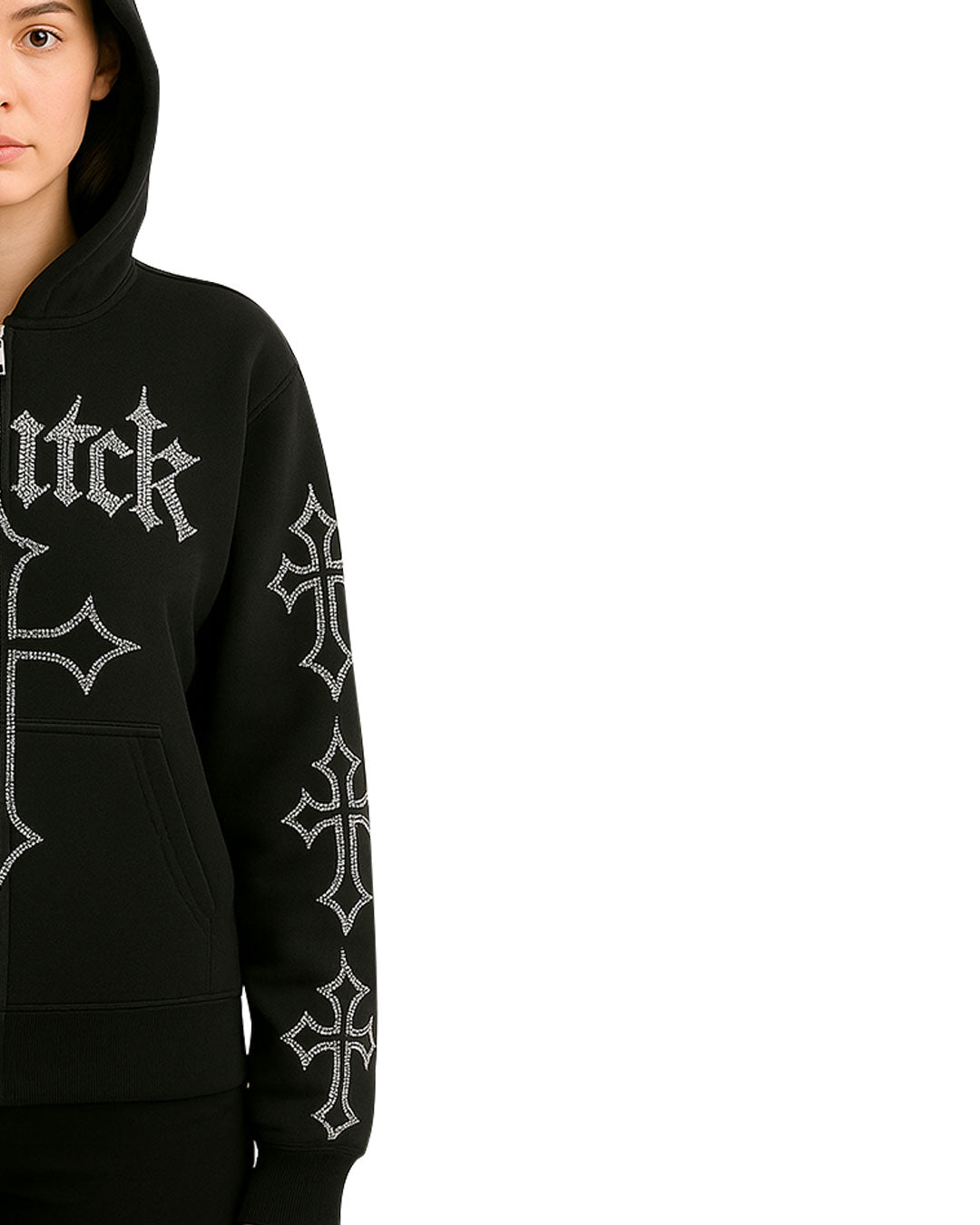 Unisex Gothic Rhinestone Cross Black Hoodie