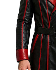 Men’s black and red gothic leather trench coat with belted waist and red accents