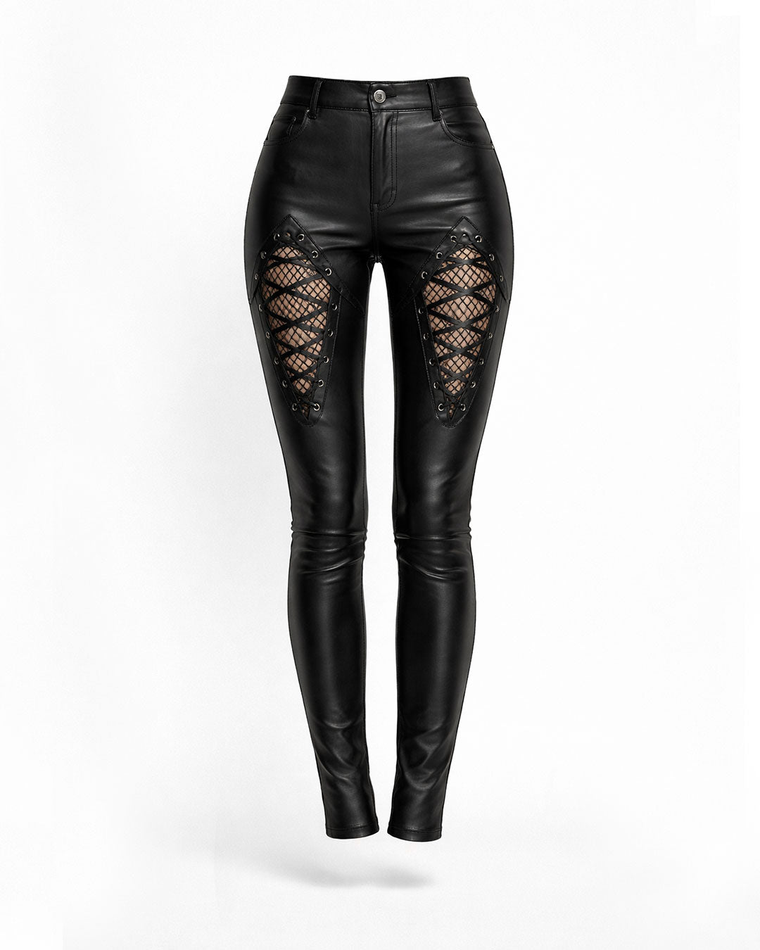 Women's faux leather skinny pants with body-hugging high-rise fit, side view