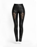 Women's faux leather skinny pants with body-hugging high-rise fit, side view