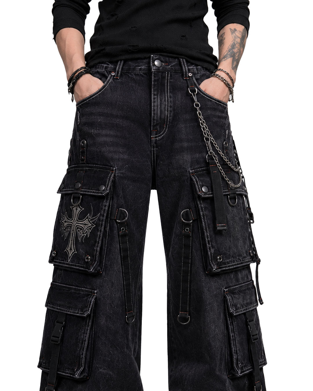 Side angle of men's black baggy gothic cargo pants