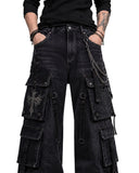 Side angle of men's black baggy gothic cargo pants