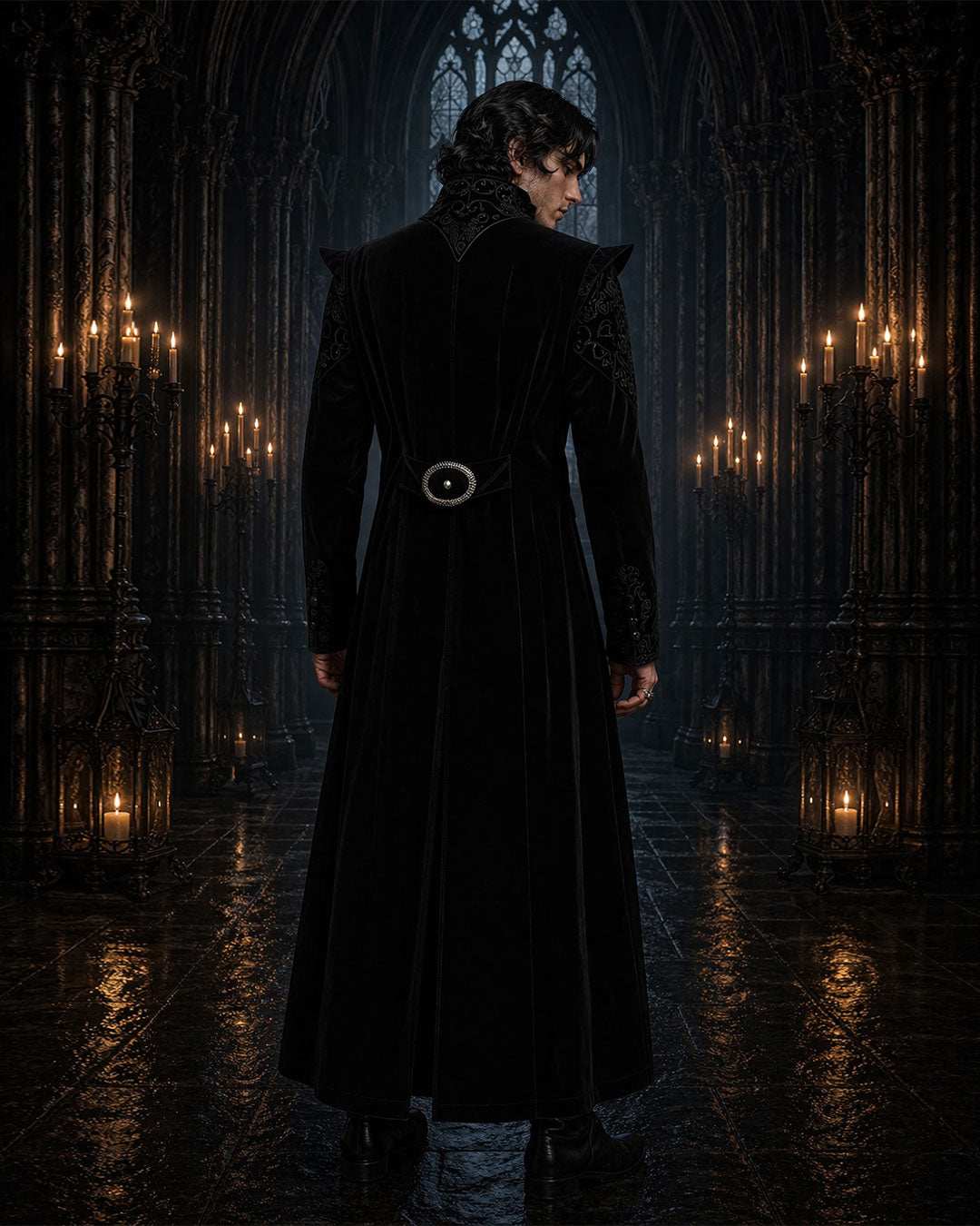 Black Velvet Jacquard Punk Rave Mens Jacket with silver spikes and asymmetrical zipper