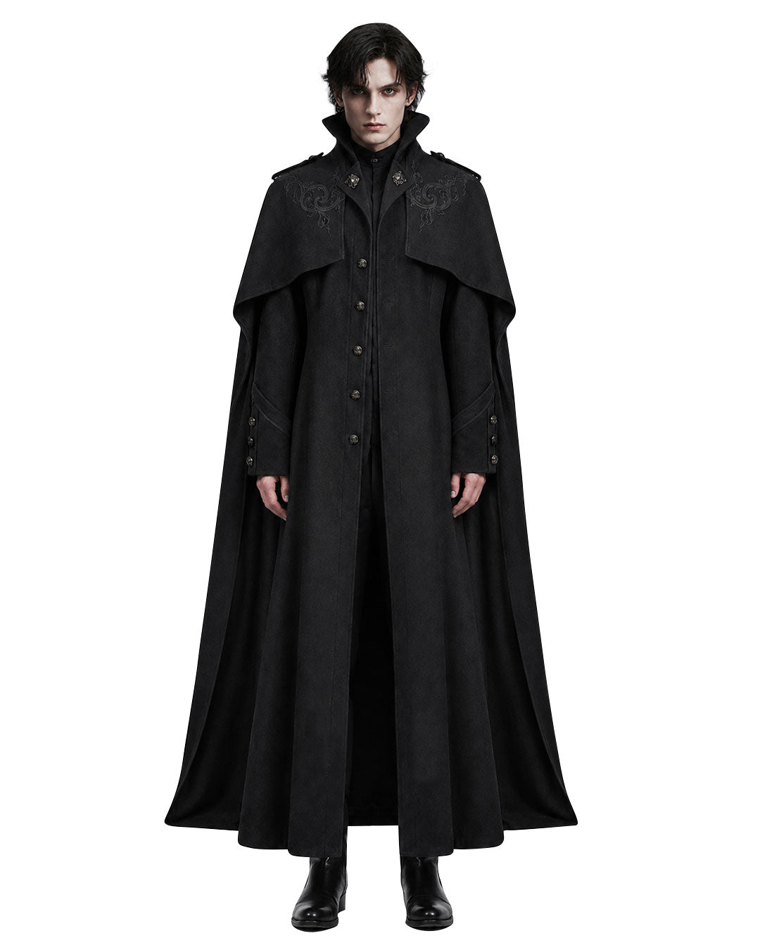 Men’s medieval Renaissance costume cloak in black with high collar, shoulder cape, button front and floor-length gothic silhouette.
