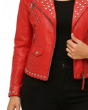 Jessica Studded Biker Red Leather Jacket