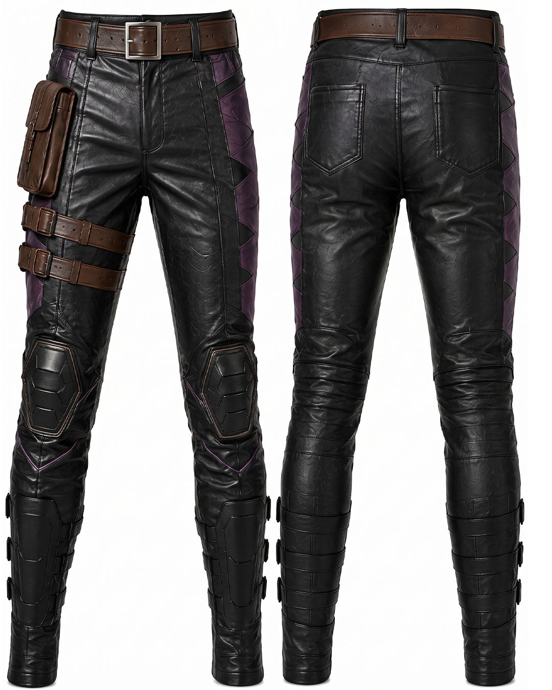 Black faux-leather pants with brown straps, a brown belt, and purple side panel accents, shown from the front and back on a white background.