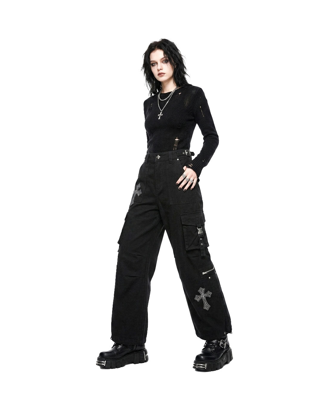 Women's Gothic Black Cargo Pants with Cross Embroidery