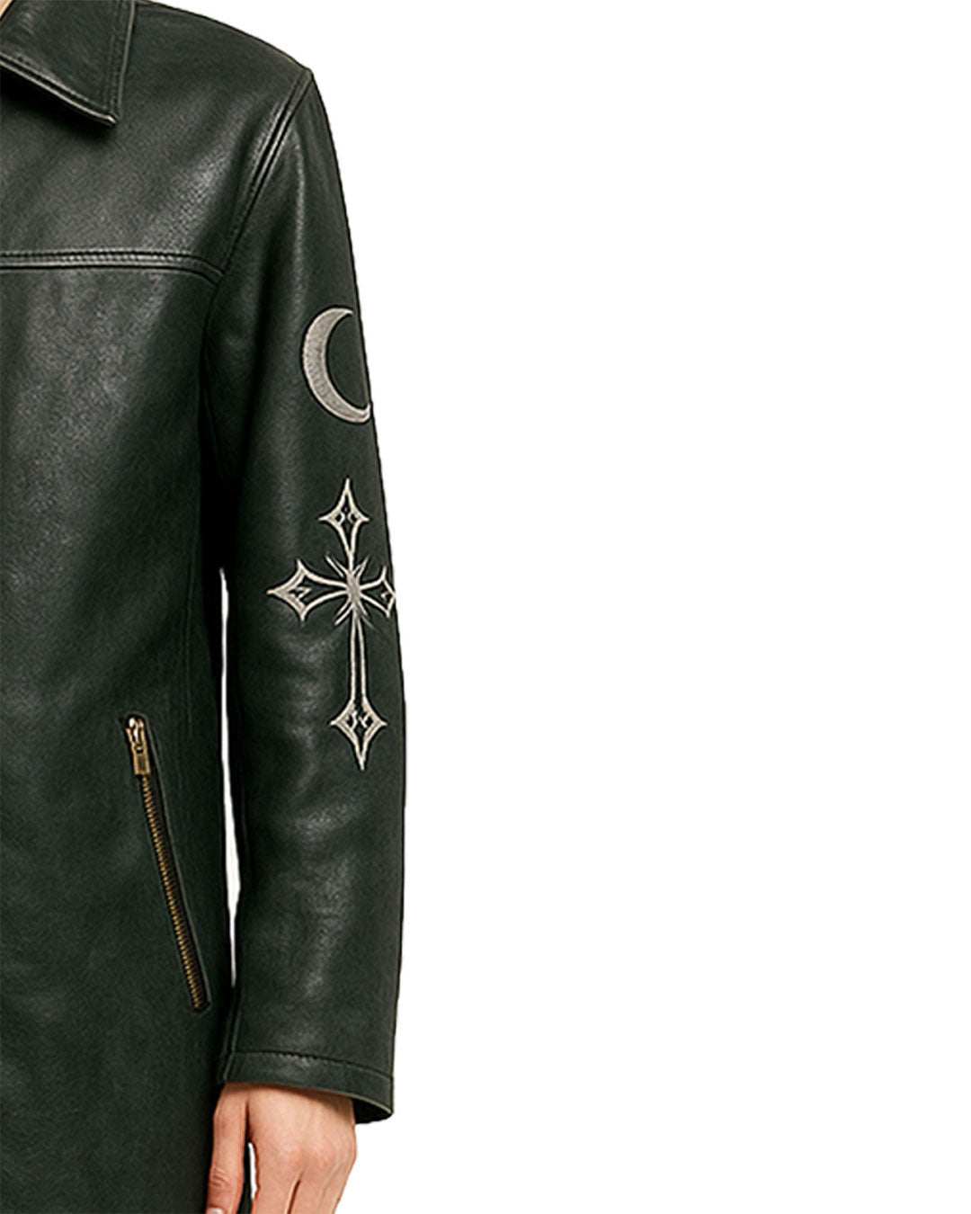 Men's green long flowing gothic coat with moon and cross embroidery on leather sleeve