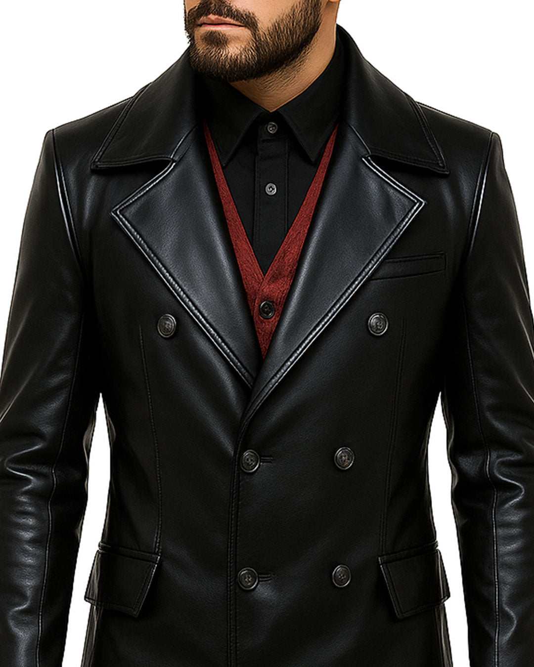 Men’s black gothic fashion leather trench coat with double-breasted front and tailored fit