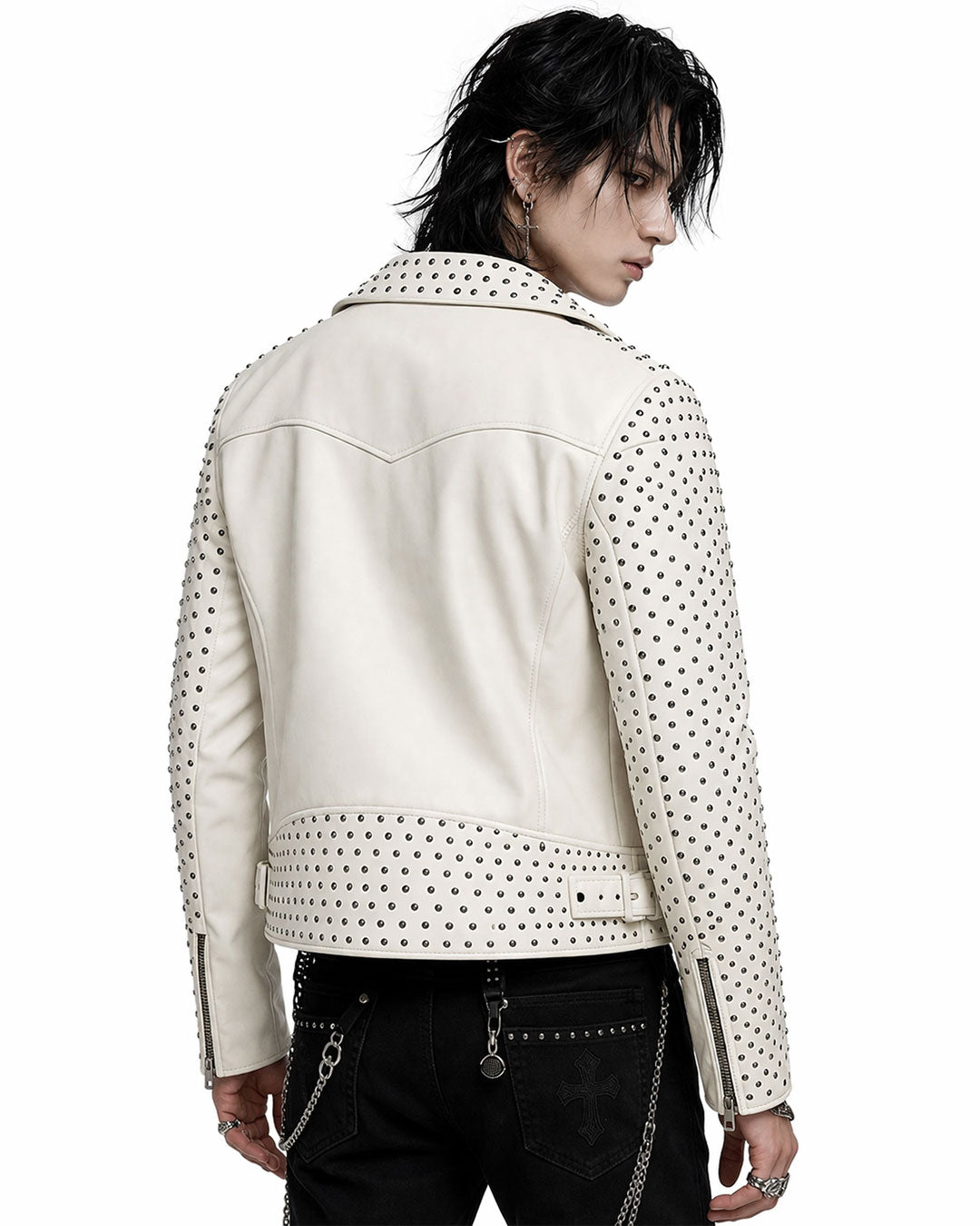 White Studded Leather Biker Jacket