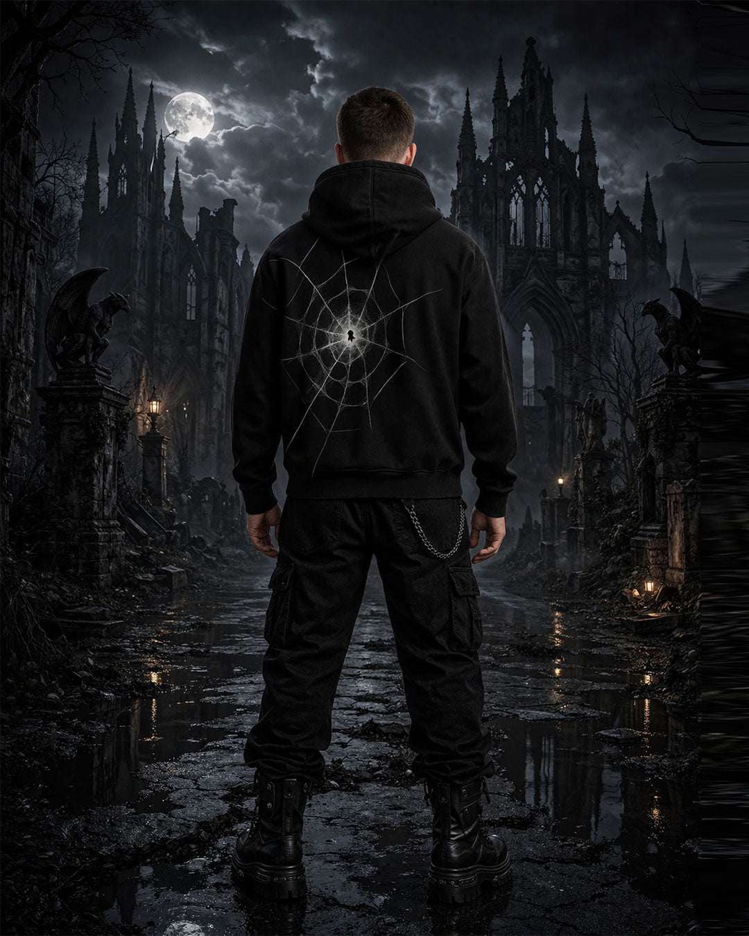Unisex Gothic Spider Web Hoodie – Black Streetwear Pullover