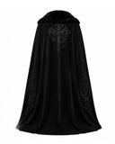 Back view of men’s black Gothic vampire cloak with fur-style collar, flowing floor-length cape and ornate tonal cross design.