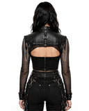 Back view of women’s black gothic leather shoulder harness with studded shoulder panels, O-ring details and hanging silver chains