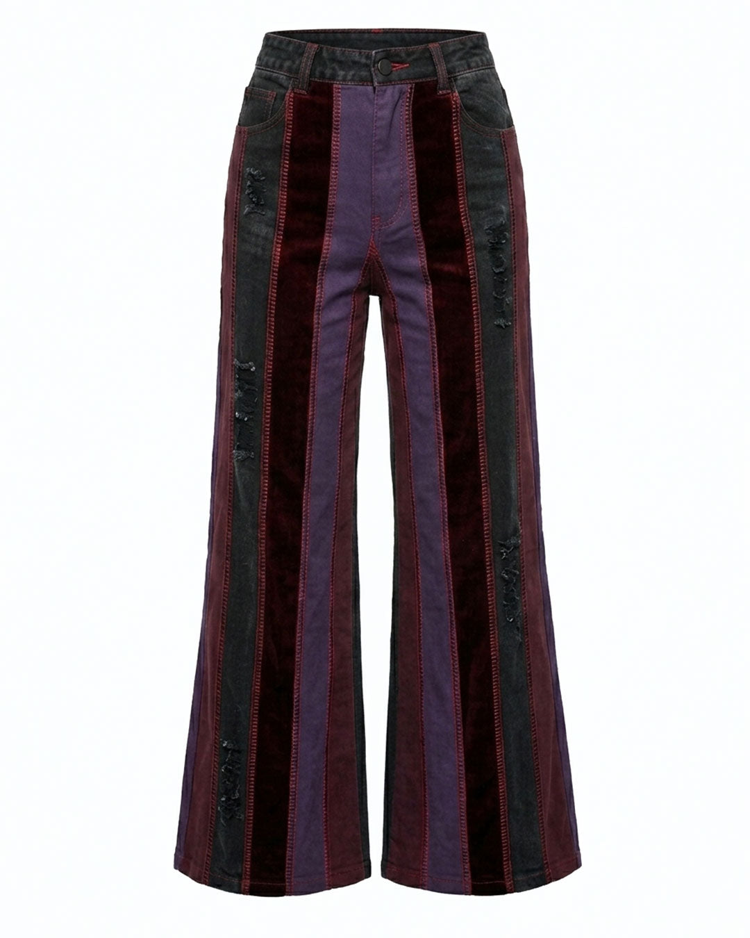 Wide-leg pants with purple and black striped pattern on a white background