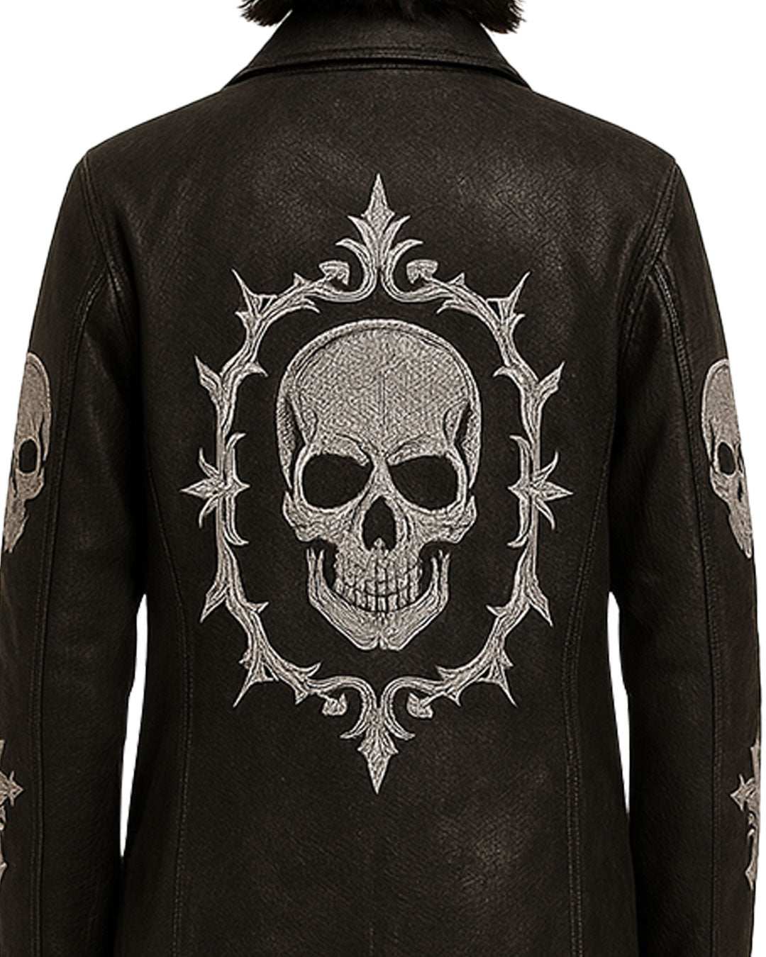 Gothic Skull Cross Embroidered Black Leather Coat