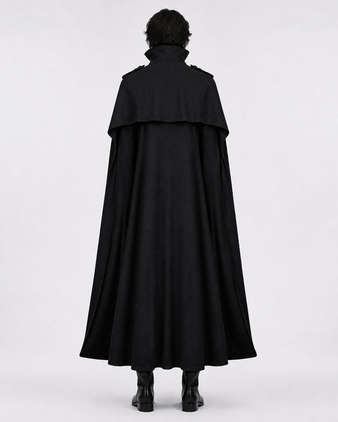 Back view of men’s black medieval Renaissance costume cloak with high collar, layered shoulder cape and flowing floor-length design.