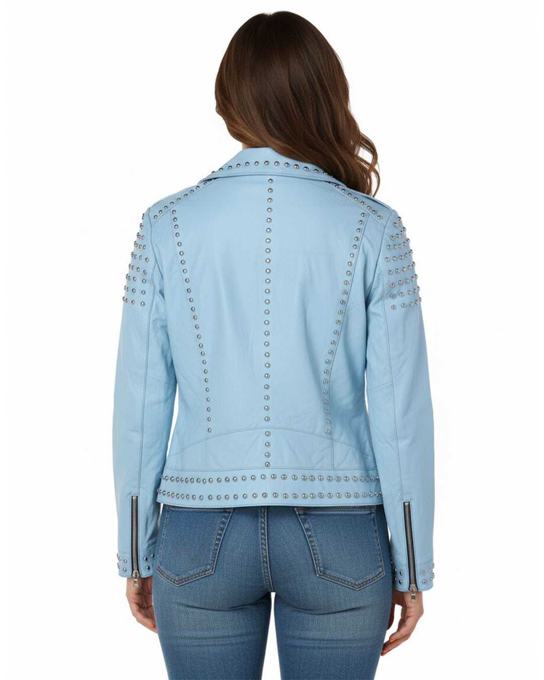 Punk Women's Studded Leather Jacket - Sky Blue