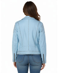 Punk Women's Studded Leather Jacket - Sky Blue