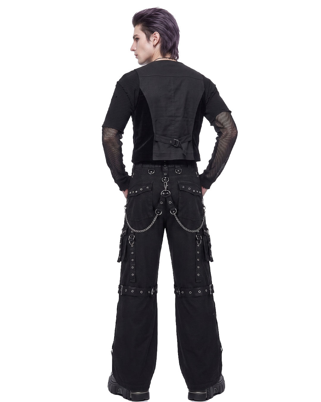 Baggy cargo pants back view with pant chains on male model
