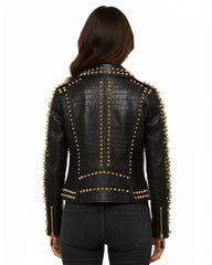 Women’s Black Crocodile Texture Studded Leather Jacket