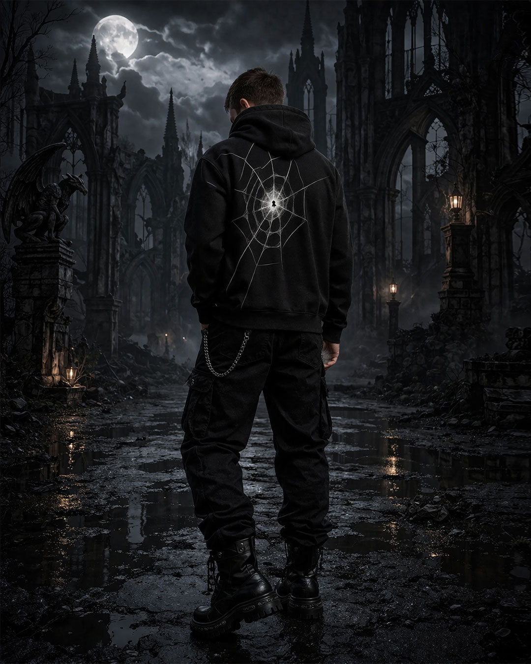 Unisex Gothic Spider Web Hoodie – Black Streetwear Pullover