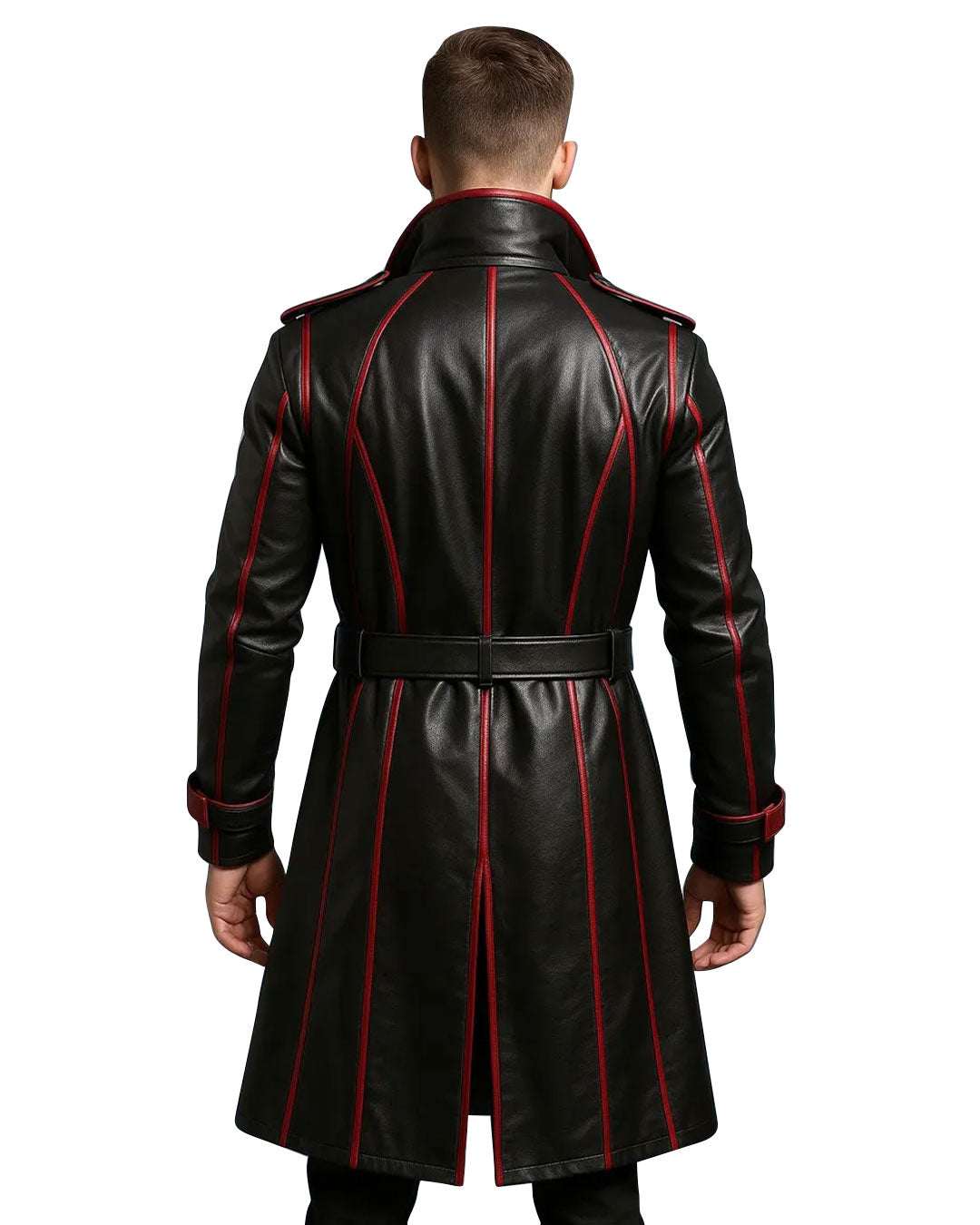 Men’s black and red gothic faux leather trench coat with belted waist and red trim viewed from the back