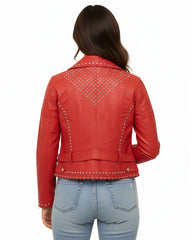 Women’s Cropped Red Studded Leather Jacket