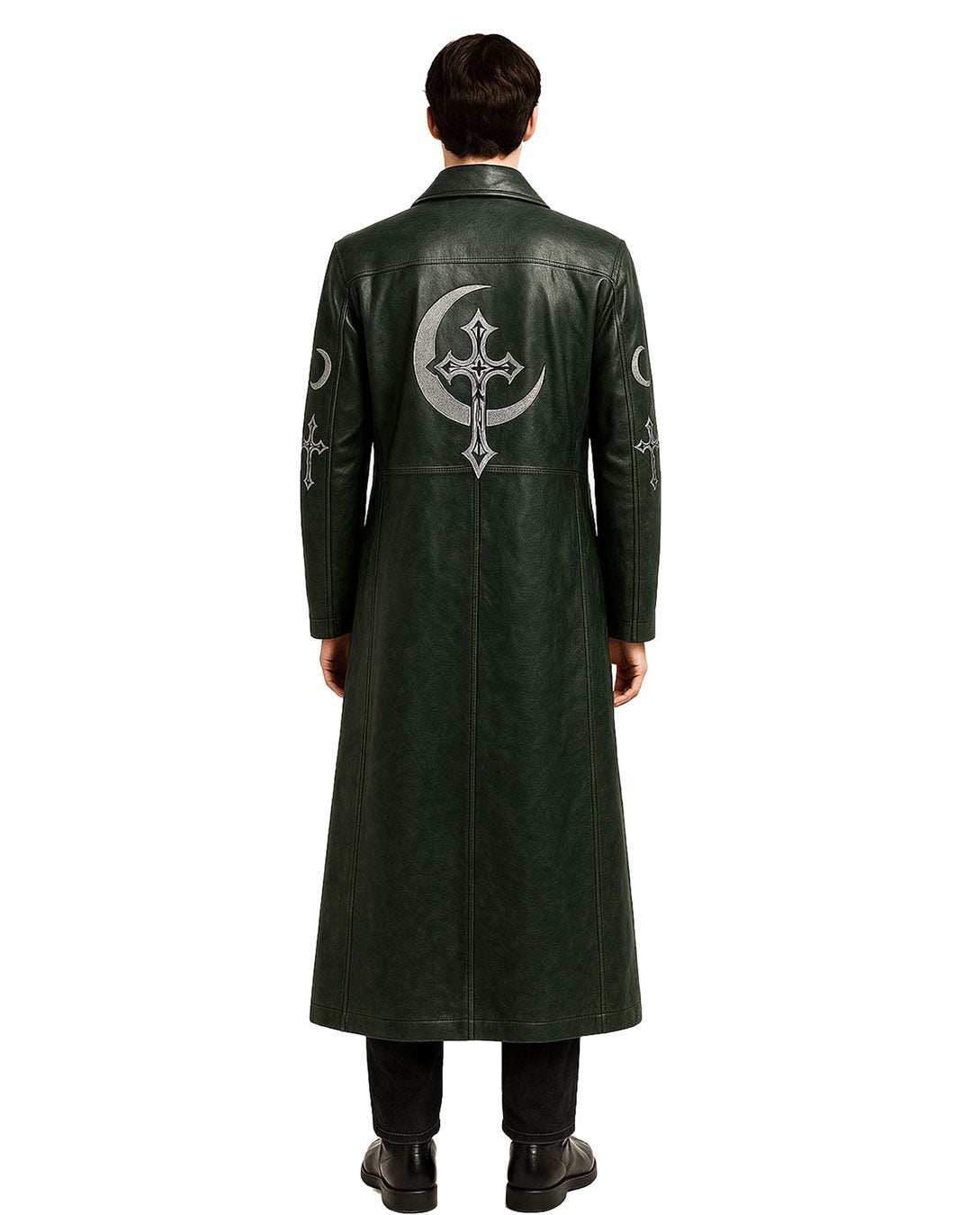 Men's green leather long flowing gothic coat with moon and cross embroidery on back and sleeves