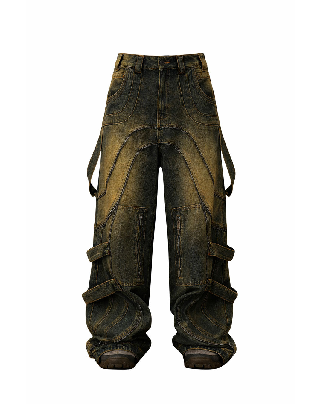 Mens baggy cargo jeans in washed dark denim with wide-leg fit, utility straps, curved seam panels, and streetwear styling shown in product and model view.