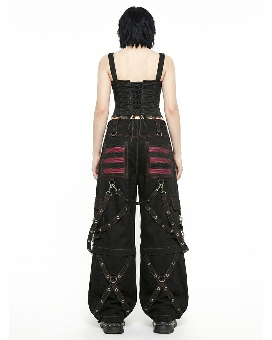 Women’s Gothic Punk Cargo Pants – Black Red Y2K Chain Streetwear Trousers