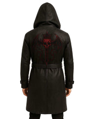 Back view of gothic hooded black leather trench coat with red skull and wings embroidery, streetwear gothic fashion style